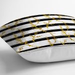 - 8227 - Realhomes  Beyaz Zemin Üzerinde Siyah Çizgili Gold Detaylı Yaprak Desenli Kırlent Kılıfı Realhomes