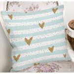 - 8231 - Realhomes  Beyaz Zemin Üzerinde Renkli Çizgili Gold Detaylı Kalp Desenli Kırlent Kılıfı Realhomes