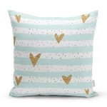 - 8231 - Realhomes  Beyaz Zemin Üzerinde Renkli Çizgili Gold Detaylı Kalp Desenli Kırlent Kılıfı Realhomes