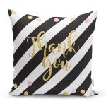 - 8238 - Realhomes Beyaz Zemin Üzerinde Siyah Yatay Çizgili Gold Renkli Yazılı Yastık Kırlent Kılıfı Realhomes