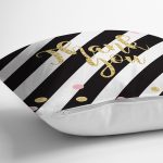 - 8238 - Realhomes Beyaz Zemin Üzerinde Siyah Yatay Çizgili Gold Renkli Yazılı Yastık Kırlent Kılıfı Realhomes