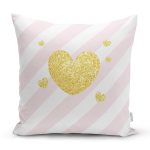 - 8239 - Realhomes  Beyaz Zemin Üzerinde Pembe Yatay Çizgili Gold Detaylı Kalp Desenli Yastık Kılıfı Realhomes