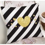 Beyaz Zemin Üzerinde Siyah Yatay Çizgili Gold Detaylı Kalp Desenli Kırlent Kılıfı Realhomes