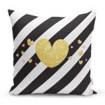 Beyaz Zemin Üzerinde Siyah Yatay Çizgili Gold Detaylı Kalp Desenli Kırlent Kılıfı Realhomes