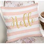 Beyaz Zemin Üzerinde Pembe Yatay Çizgili Gold Detaylı Hello Yazılı Yastık Kılıfı Realhomes