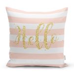Beyaz Zemin Üzerinde Pembe Yatay Çizgili Gold Detaylı Hello Yazılı Yastık Kılıfı Realhomes