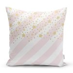 - 8244 - Realhomes Beyaz Zeminli Pembe Yatay Çizgili Gold Detaylı Yıldız Desenli Kırlent Kılıfı Realhomes