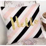 - 8245 - Realhomes Beyaz Zemin Üzerinde Renkli Yatay Çizgili Gold Detaylı Hello Yazılı Yastık Kılıfı Realhomes