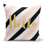- 8245 - Realhomes Beyaz Zemin Üzerinde Renkli Yatay Çizgili Gold Detaylı Hello Yazılı Yastık Kılıfı Realhomes