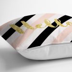 - 8245 - Realhomes Beyaz Zemin Üzerinde Renkli Yatay Çizgili Gold Detaylı Hello Yazılı Yastık Kılıfı Realhomes