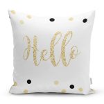 - 8246 - Realhomes Beyaz Zemin Üzerinde Gold Detaylı Hello Yazılı Modern Yastık Kırlent Kılıfı Realhomes