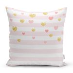 Beyaz Zemin Üzerinde Pembe Yatay Çizgili Gold Detaylı Kalp Desenli Kırlent Kılıfı Realhomes