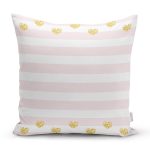 Beyaz Zemin Üzerinde Pembe Yatay Çizgili Gold Detaylı Kalp Desenli Yastık Kılıfı Realhomes