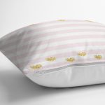 Beyaz Zemin Üzerinde Pembe Yatay Çizgili Gold Detaylı Kalp Desenli Yastık Kılıfı Realhomes