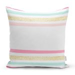 - 8249 - Realhomes Beyaz Zemin Üzerinde Renkli Yatay Çizgili Gold Detaylı Yastık Kırlent Kılıfı Realhomes