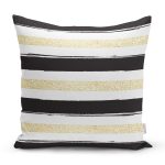 Beyaz Zemin Üzerinde Gold Detaylı Siyah Yatay Çizgili Yastık Kırlent Kılıfı Realhomes