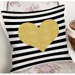 - 8262 - Realhomes Beyaz Zemin Üzerinde Siyah Yatay Çizgili Gold Detaylı Kalp Desenli Kırlent Kılıfı Realhomes