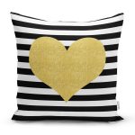 - 8262 - Realhomes Beyaz Zemin Üzerinde Siyah Yatay Çizgili Gold Detaylı Kalp Desenli Kırlent Kılıfı Realhomes