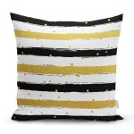 - 8263 - Realhomes Beyaz Zemin Üzerinde Gold Detaylı Siyah Yatay Çizgili Yastık Kırlent Kılıfı Realhomes
