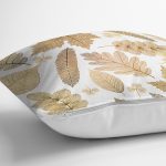 - 8264 - Realhomes Beyaz Zemin Üzerinde Gold Detaylı Yaprak Desenli Modern Yastık Kırlent Kılıfı Realhomes
