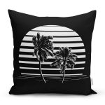 - 8265 - Realhomes Siyah Zemin Üzerinde Beyaz Çizgili Palmiye Desenli Modern Yastık Kırlent Kılıfı Realhomes