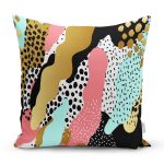 Beyaz Zemin Üzerinde Gold Detaylı Renkli Geometrik Desenli Yastık Kırlent Kılıfı Realhomes