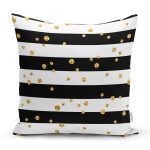 Beyaz Zemin Üzerinde Siyah Yatay Çizgili Gold Detaylı Puantiyeli Kırlent Kılıfı Realhomes