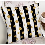 - 8282 - Realhomes Beyaz Zemin Üzerinde Siyah Çizgili Gold Detaylı Puantiyeli Yastık Kırlent Kılıfı Realhomes