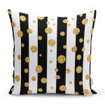 - 8282 - Realhomes Beyaz Zemin Üzerinde Siyah Çizgili Gold Detaylı Puantiyeli Yastık Kırlent Kılıfı Realhomes