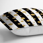 - 8282 - Realhomes Beyaz Zemin Üzerinde Siyah Çizgili Gold Detaylı Puantiyeli Yastık Kırlent Kılıfı Realhomes