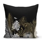 - 8290 - Realhomes Siyah Zemin Üzerinde Gold Detaylı Yaprak Desenli Modern Yastık Kırlent Kılıfı Realhomes