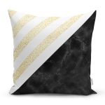 - 8291 - Realhomes Beyaz Zemin Üzerinde Siyah Mermer Detaylı Gold Yatay Çizgili Yastık Kırlent Kılıfı Realhomes