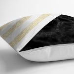 - 8291 - Realhomes Beyaz Zemin Üzerinde Siyah Mermer Detaylı Gold Yatay Çizgili Yastık Kırlent Kılıfı Realhomes