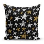 Siyah Zemin Üzerinde Gold Detaylı Beyaz Yıldız Desenli Yastık Kırlent Kılıfı Realhomes