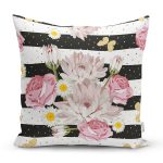 Beyaz Zemin Üzerinde Siyah Yatay Çizgili Çiçek Desenli Yastık Kırlent Kılıfı Realhomes