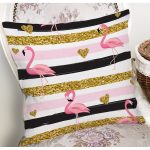 Beyaz Zemin Üzerinde Flamingo Desenli Gold Detaylı Yatay Çizgi Kırlent Kılıfı Realhomes