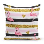 Beyaz Zemin Üzerinde Flamingo Desenli Gold Detaylı Yatay Çizgi Kırlent Kılıfı Realhomes