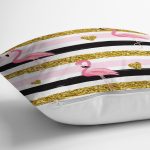 Beyaz Zemin Üzerinde Flamingo Desenli Gold Detaylı Yatay Çizgi Kırlent Kılıfı Realhomes