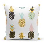 Beyaz Zemin Üzerinde Gold Detaylı Ananas Desenli Modern Yastık Kırlent Kılıfı Realhomes