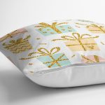 - 8316 - Realhomes Beyaz Zemin Üzerinde Gold Detaylı Hediye Paketi Desenli Yastık Kırlent Kılıfı Realhomes