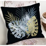 - 8323 - Realhomes Siyah Zemin Üzerinde Yaprak Desenli Dijital Baskılı Modern Yastık Kırlent Kılıfı Realhomes