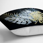 - 8323 - Realhomes Siyah Zemin Üzerinde Yaprak Desenli Dijital Baskılı Modern Yastık Kırlent Kılıfı Realhomes