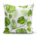 - 8355 - Realhomes Beyaz Zemin Üzerinde Yeşil Yaprak Desenli Yastık Kırlent Kılıfı Realhomes