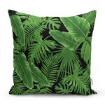 - 8356 - Realhomes  Siyah Zemin Üzerinde Yeşil Yaprak Desenli Yastık Kırlent Kılıfı Realhomes