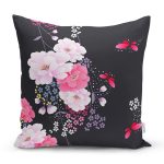 - 8362 - Realhomes  Siyah Zemin Üzerinde Rengarenk Çiçek Desenli Yastık Kırlent Kılıfı Realhomes
