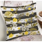 - 8369 - Realhomes  Beyaz Zemin Üzerinde Gold Detaylı Çiçek Desenli Modern Yastık Kırlent Kılıfı Realhomes