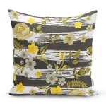 - 8369 - Realhomes  Beyaz Zemin Üzerinde Gold Detaylı Çiçek Desenli Modern Yastık Kırlent Kılıfı Realhomes