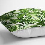 - 8374 - Realhomes Beyaz Zeminli Yeşi Yaprak Desenli Dijital Baskılı Modern Yastık Kırlent Kılıfı Realhomes