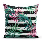 Beyaz Zemin Üzerinde Siyah Beyaz Çizgili Yeşil Yaprak Desenli Yastık Kılıfı Realhomes