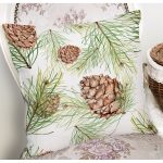 - 8383 - Realhomes Beyaz Zemin Üzerinde İnce Yaprak Desenli Kozalak Modern Yastık Kırlent Kılıfı Realhomes